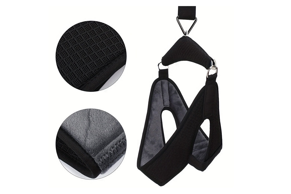 Close up of neck stretcher cervical leather and polyester cotton material