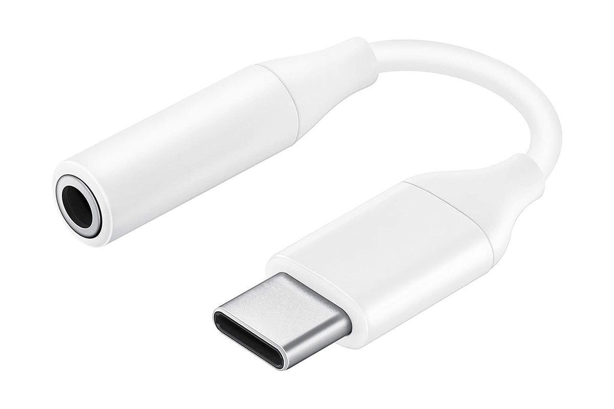 Close-up of USB-C connector on aux adapter in white