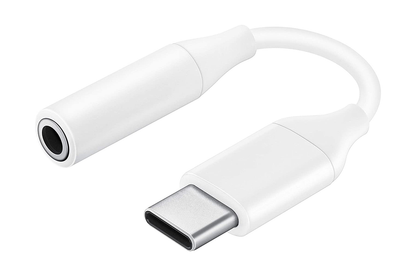 Close-up of USB-C connector on aux adapter in white
