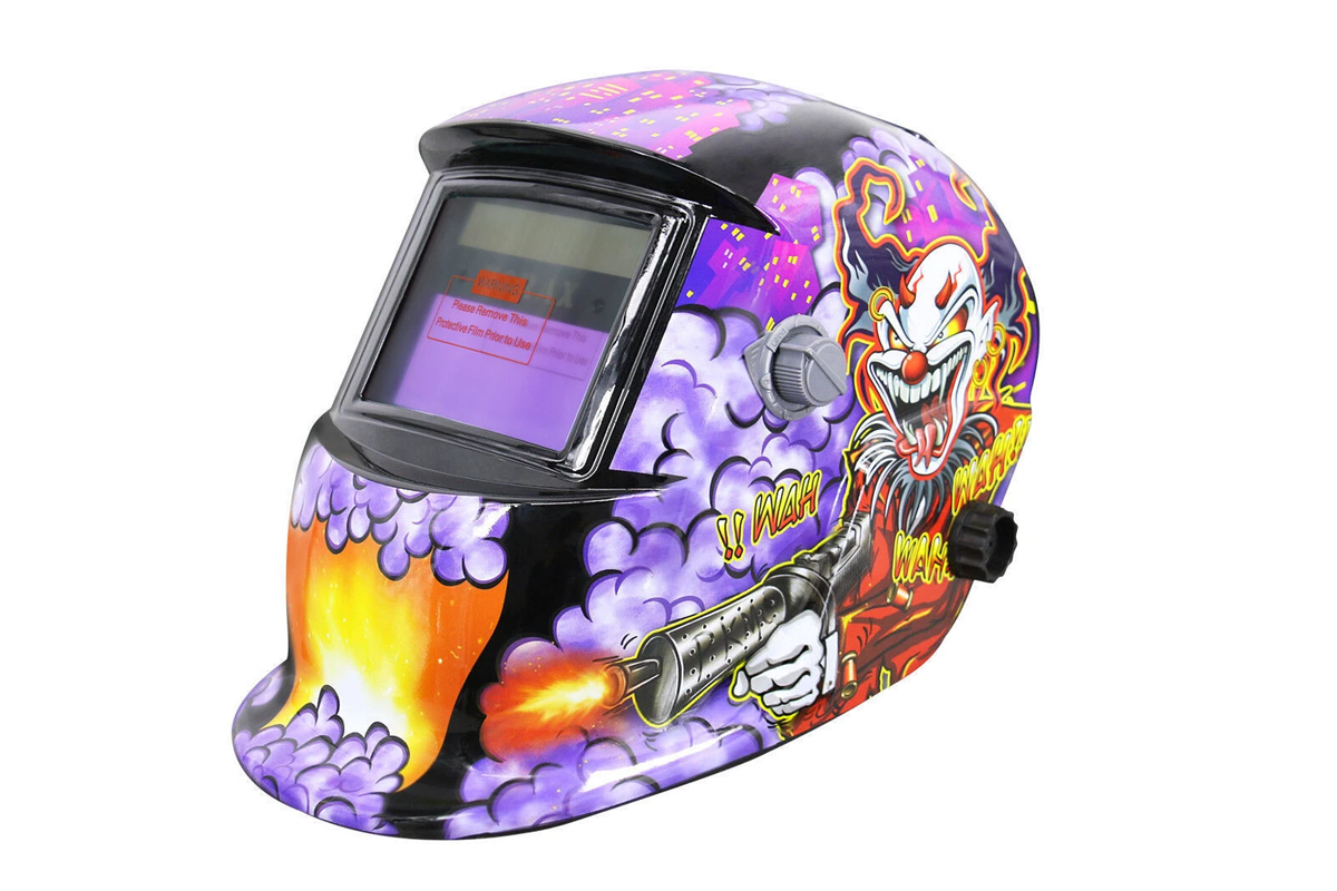 Side angle of welding helmet showing adjustable shade dial