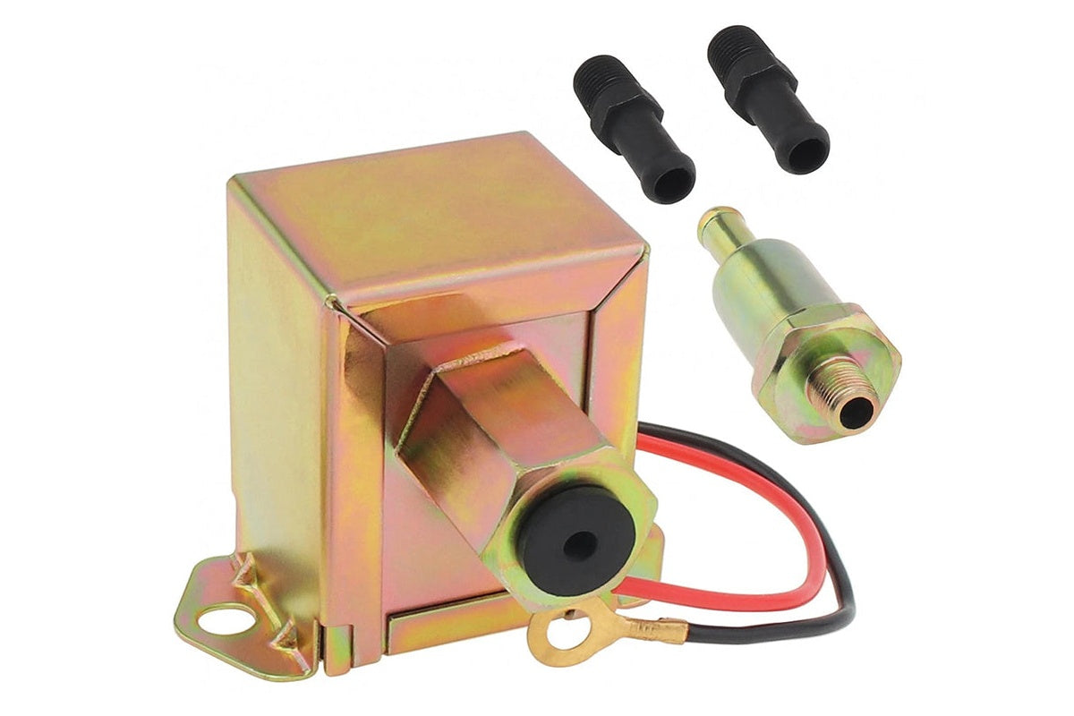 Side view of Electric Fuel Pump 12V with metal fuel filter attached