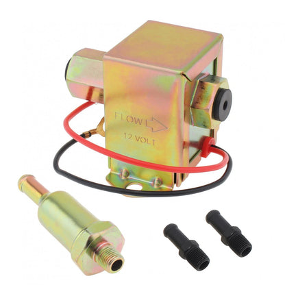Electric Fuel Pump 12V displayed with included 74 mm metal filter