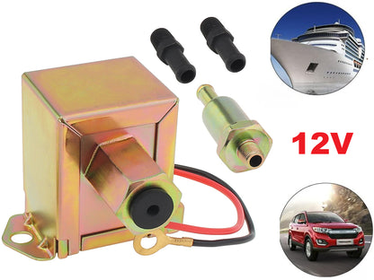 Top angle of Electric Fuel Pump 12V highlighting inlet and outlet tubes