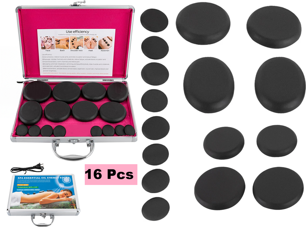 Hot stones massage set with stainless steel handles on stones