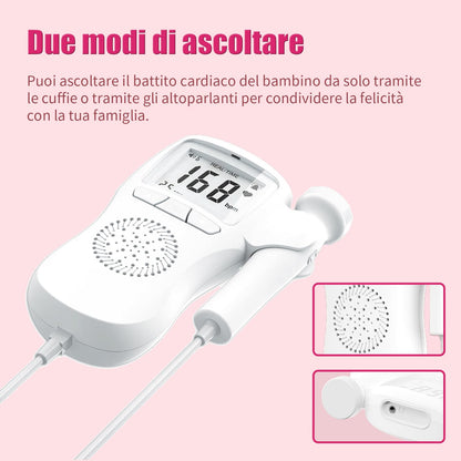 Fetal Doppler with battery compartment open showing AA batteries
