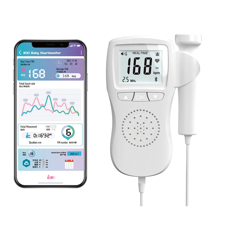 Fetal Doppler showing clear LCD screen with heart rate