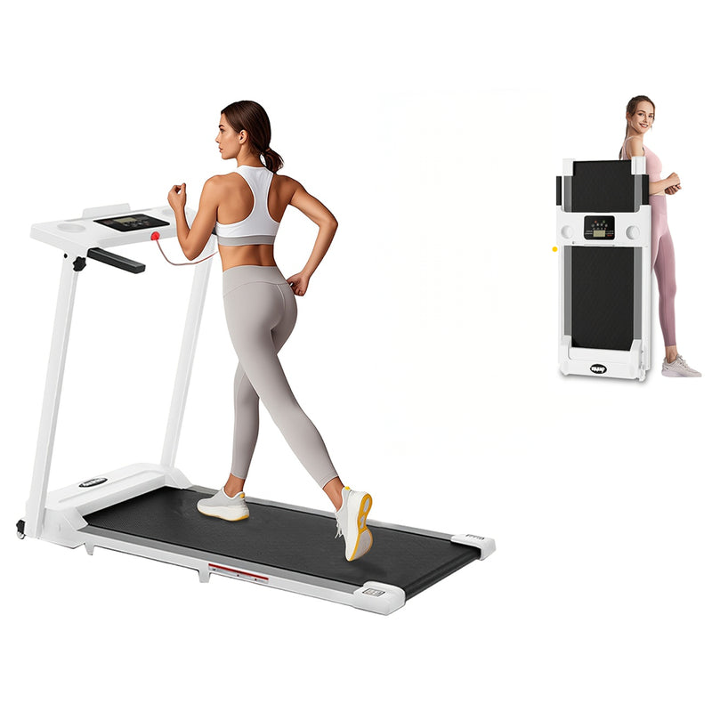 Foldable walking treadmill white colour side view with handles