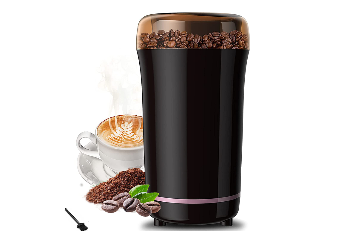 Top view of electric coffee grinder showing transparent protective cover