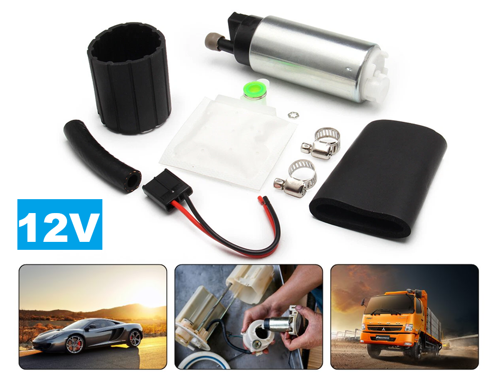 Side view of electric fuel pump 12V kit highlighting compact size