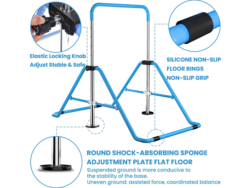 Blue gymnastic training bar showing height adjustment scale