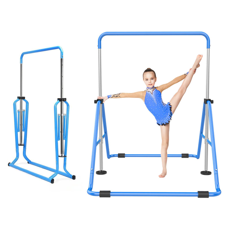 Gymnastic training bar in blue showing adjustable height feature