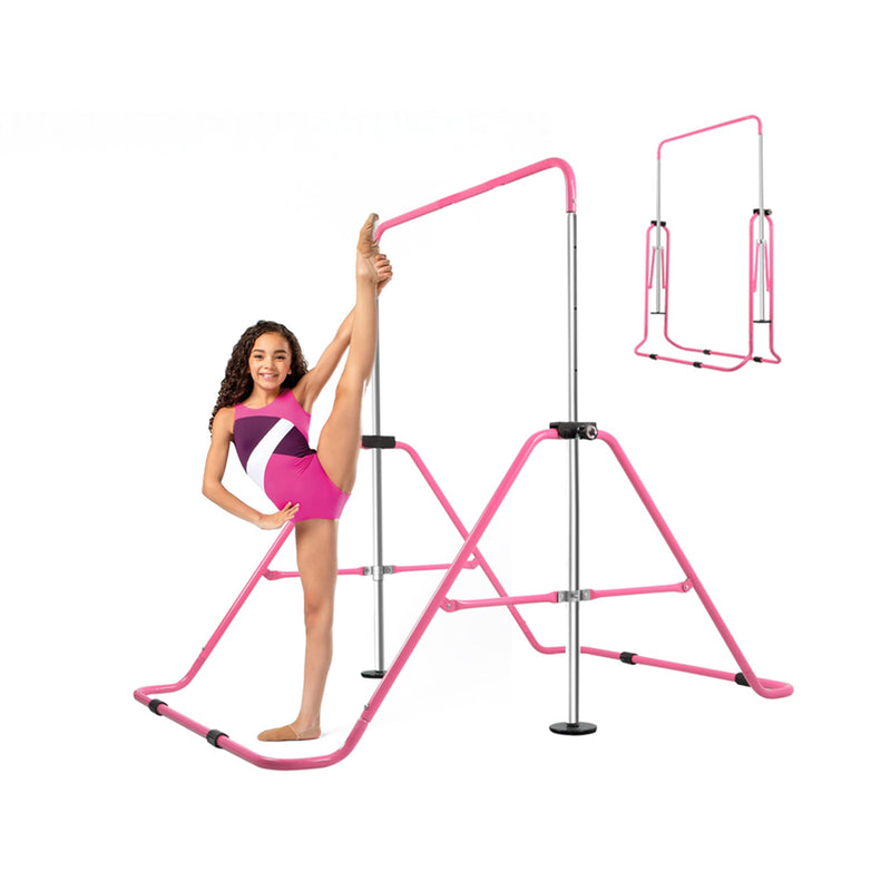 Gymnastic training bar in blue showing adjustable height feature