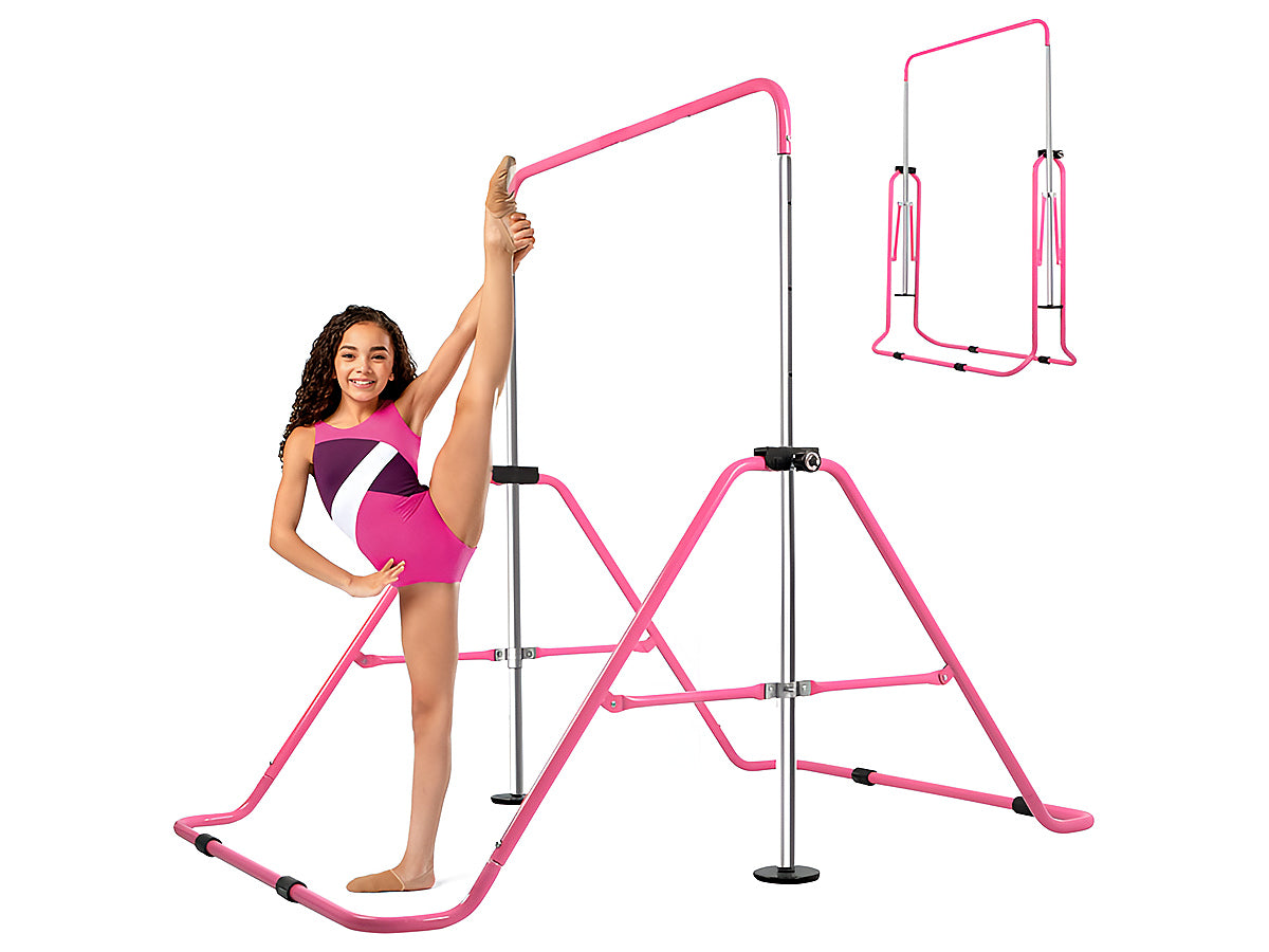 Pink gymnastic training bar with sturdy steel frame close up