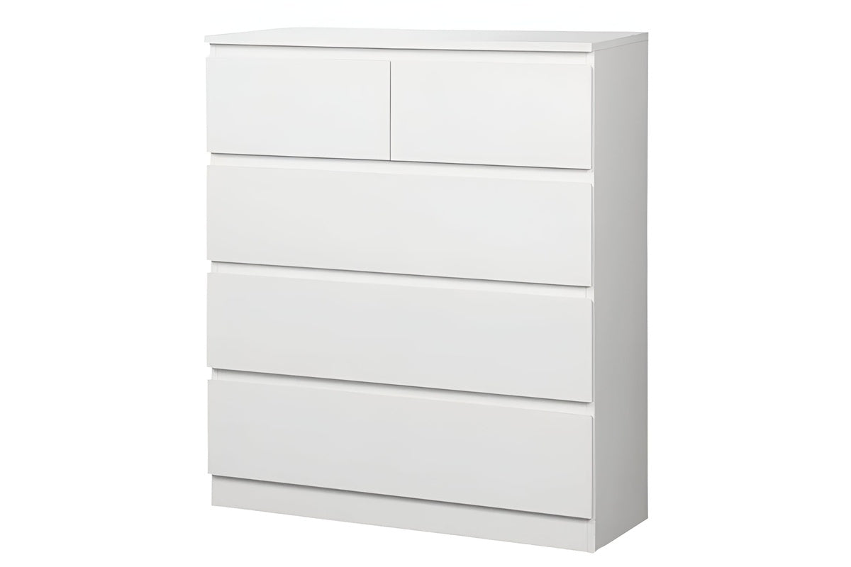 Side angle of 5 Drawer Tallboy highlighting particle board material