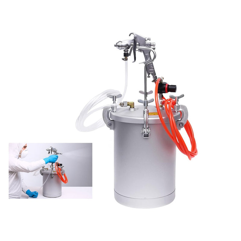 Side view of paint pressure tank 15L showing heavy-duty iron body