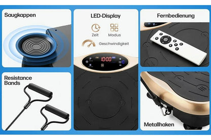 User standing on vibration plate exercising legs