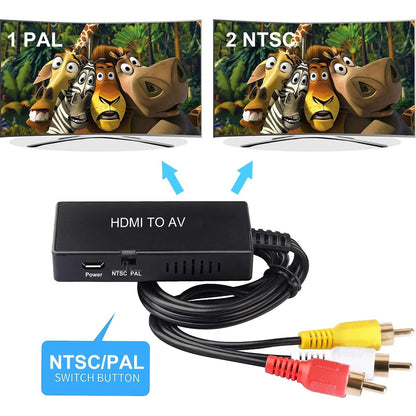HDMI to AV Converter displayed with Fire Stick and TV box