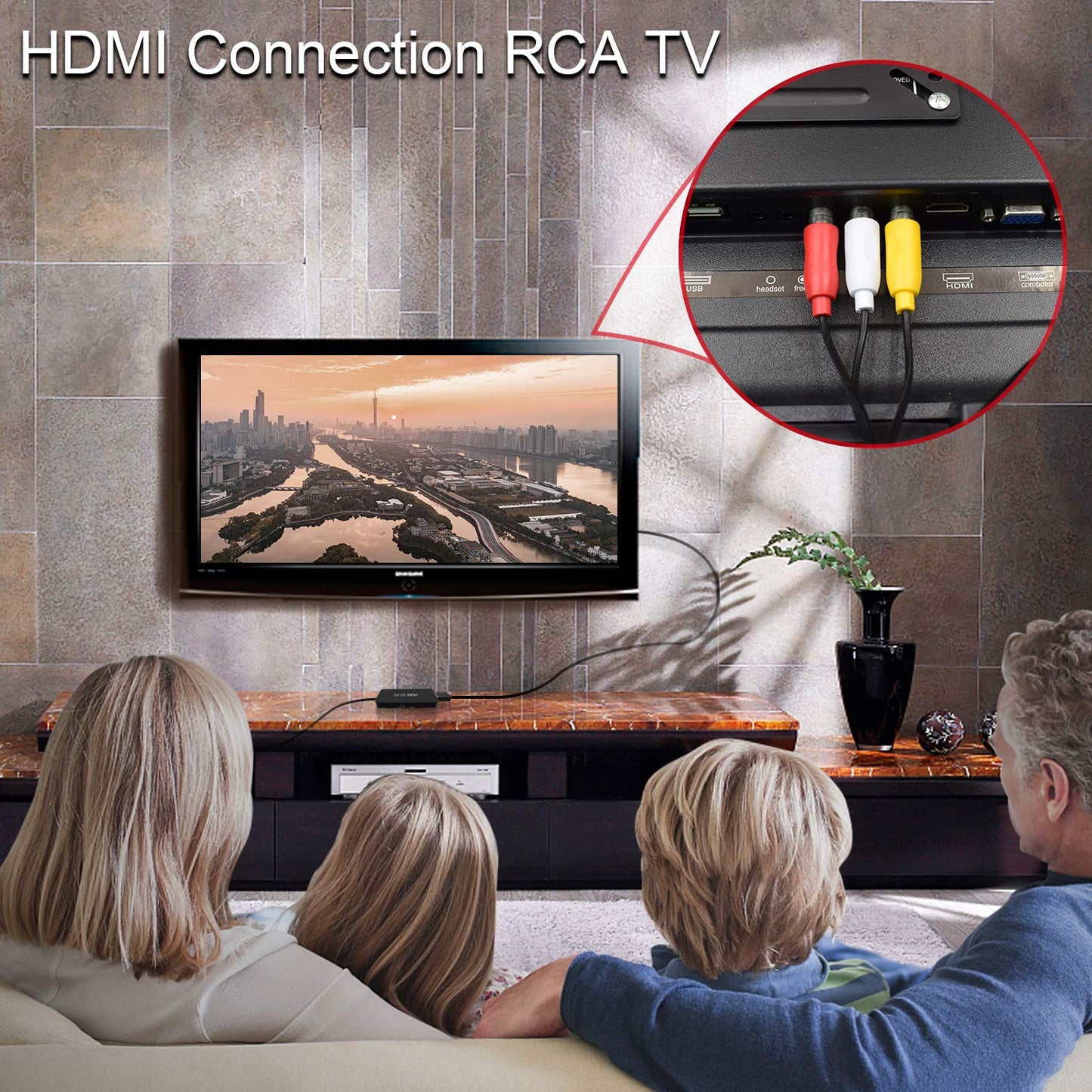 Top angle of HDMI to AV Converter showing input and output