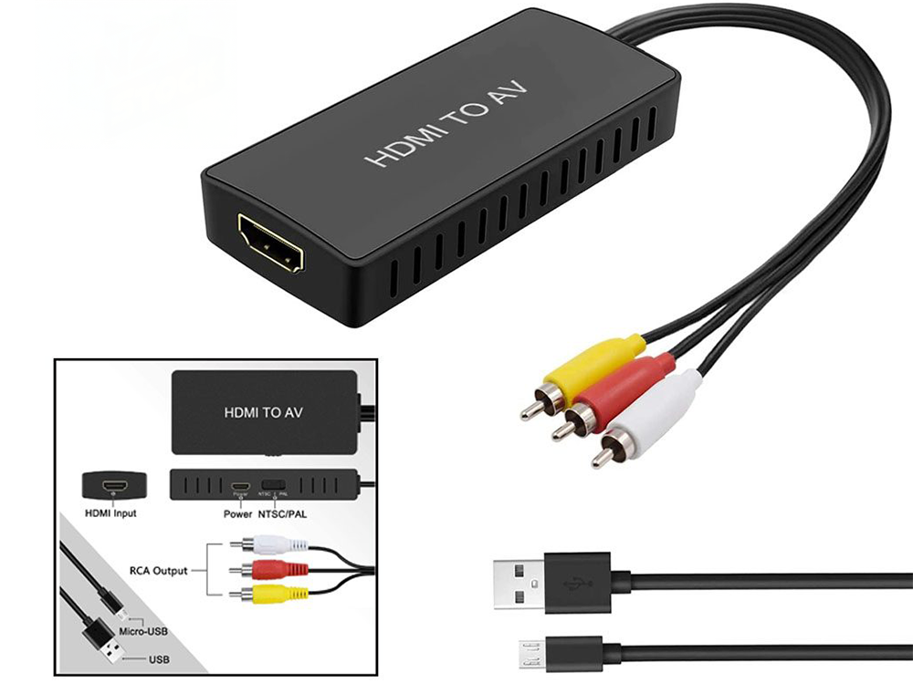HDMI to AV Converter with PAL NTSC switch visible