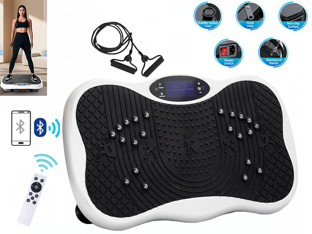 Vibration plate exercise machine with resistance bands attached