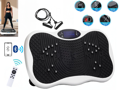 Vibration plate exercise machine with resistance bands attached
