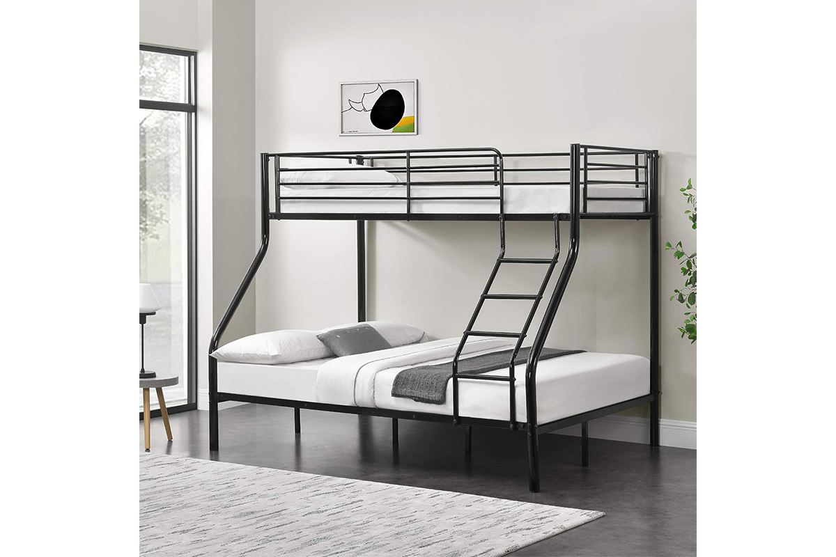 Top bunk of bunk bed triple metal frame with safety guardrails
