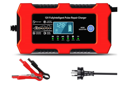 Red ABS plastic car battery charger 12V 6A side angle