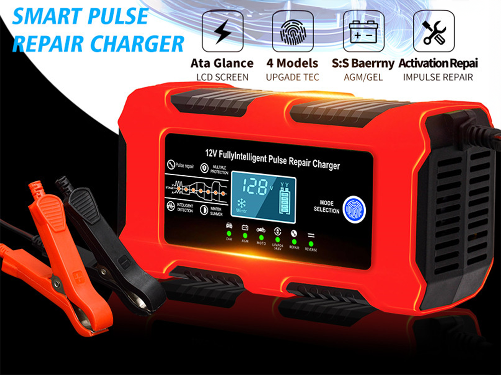Car battery charger 12V 6A connected to a motorcycle battery