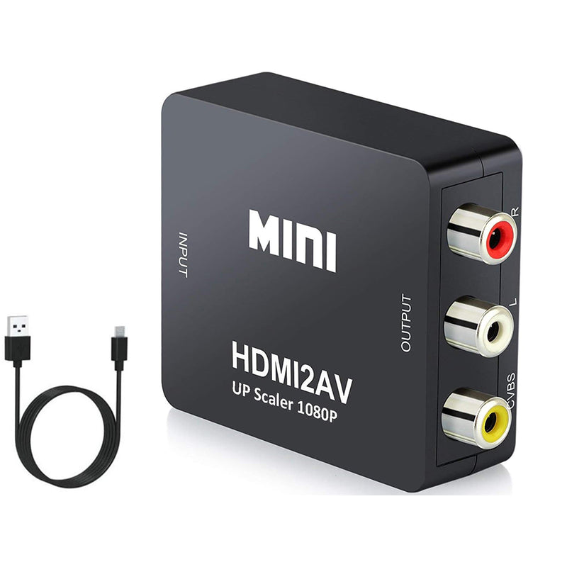 HDMI to RCA converter adapter front view showing black ABS casing