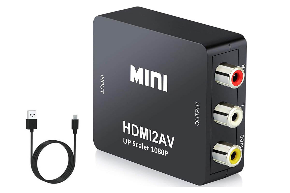 Side angle of HDMI to RCA converter adapter with USB power cable attached
