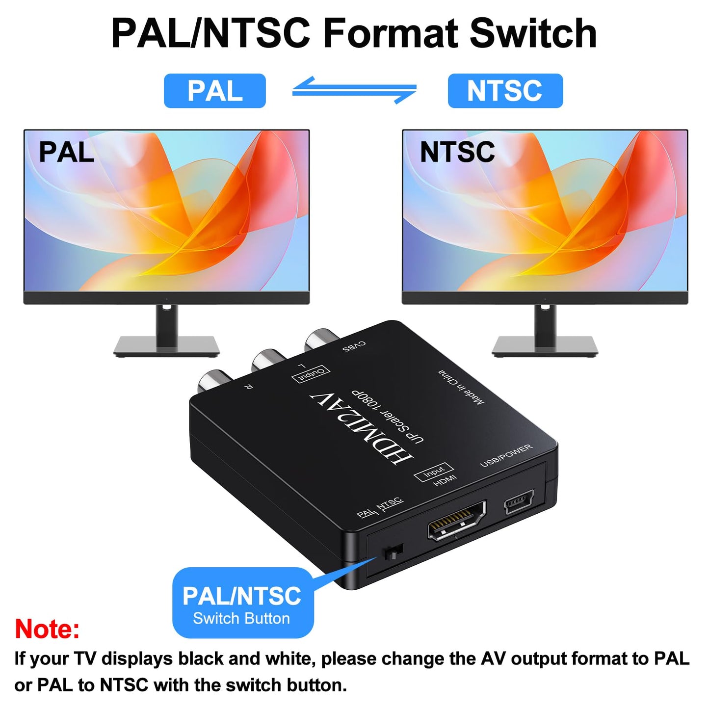 HDMI to RCA converter adapter displaying plug and play feature