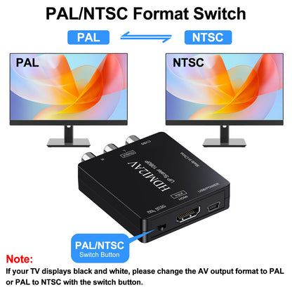 HDMI to RCA converter adapter displaying plug and play feature