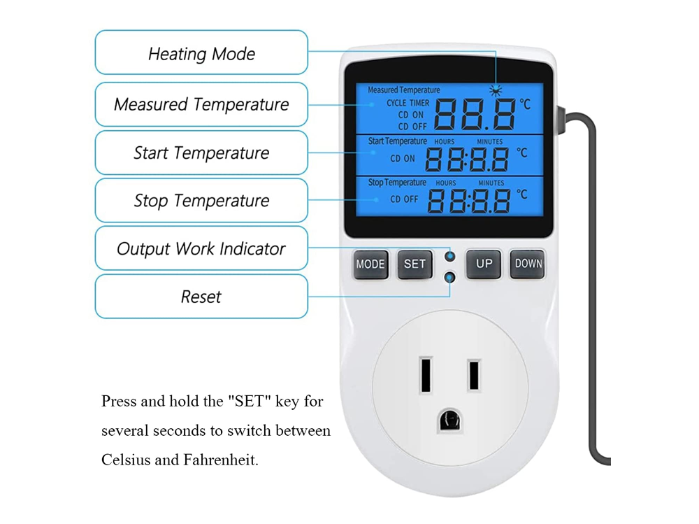 Digital temperature controller timer with temperature range visible on screen