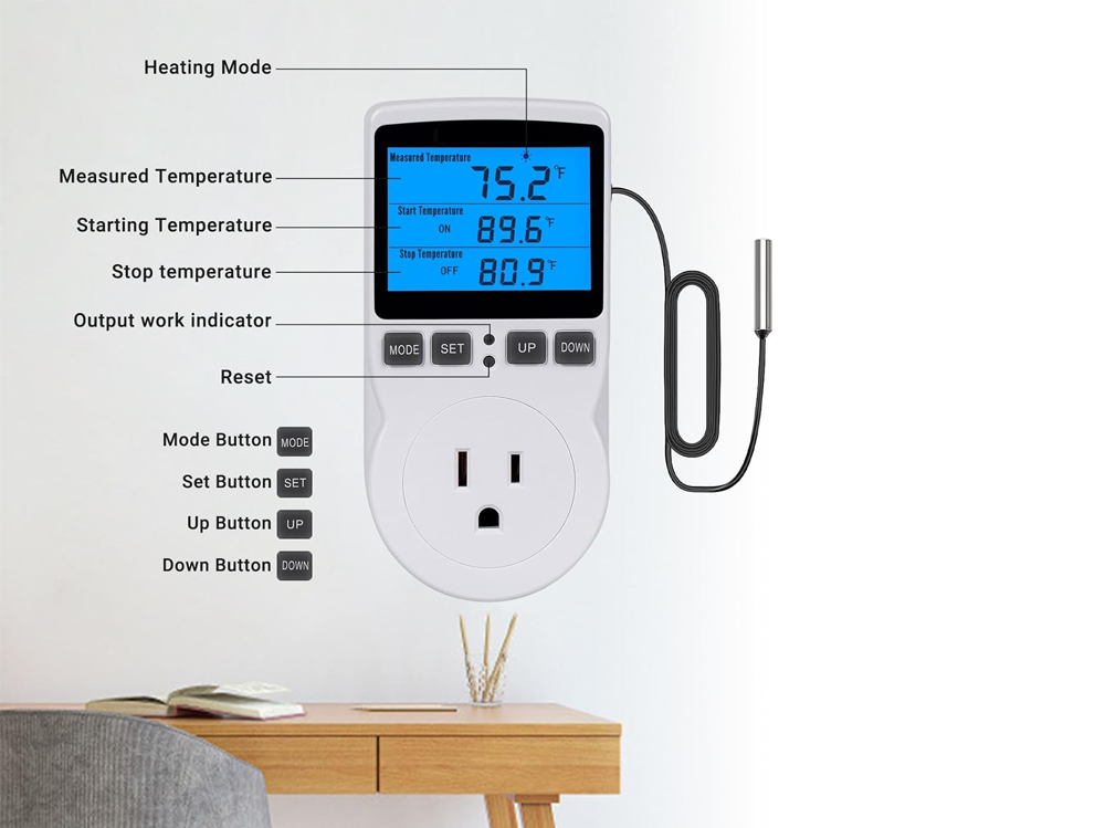 Digital temperature controller timer with temperature range visible on screen