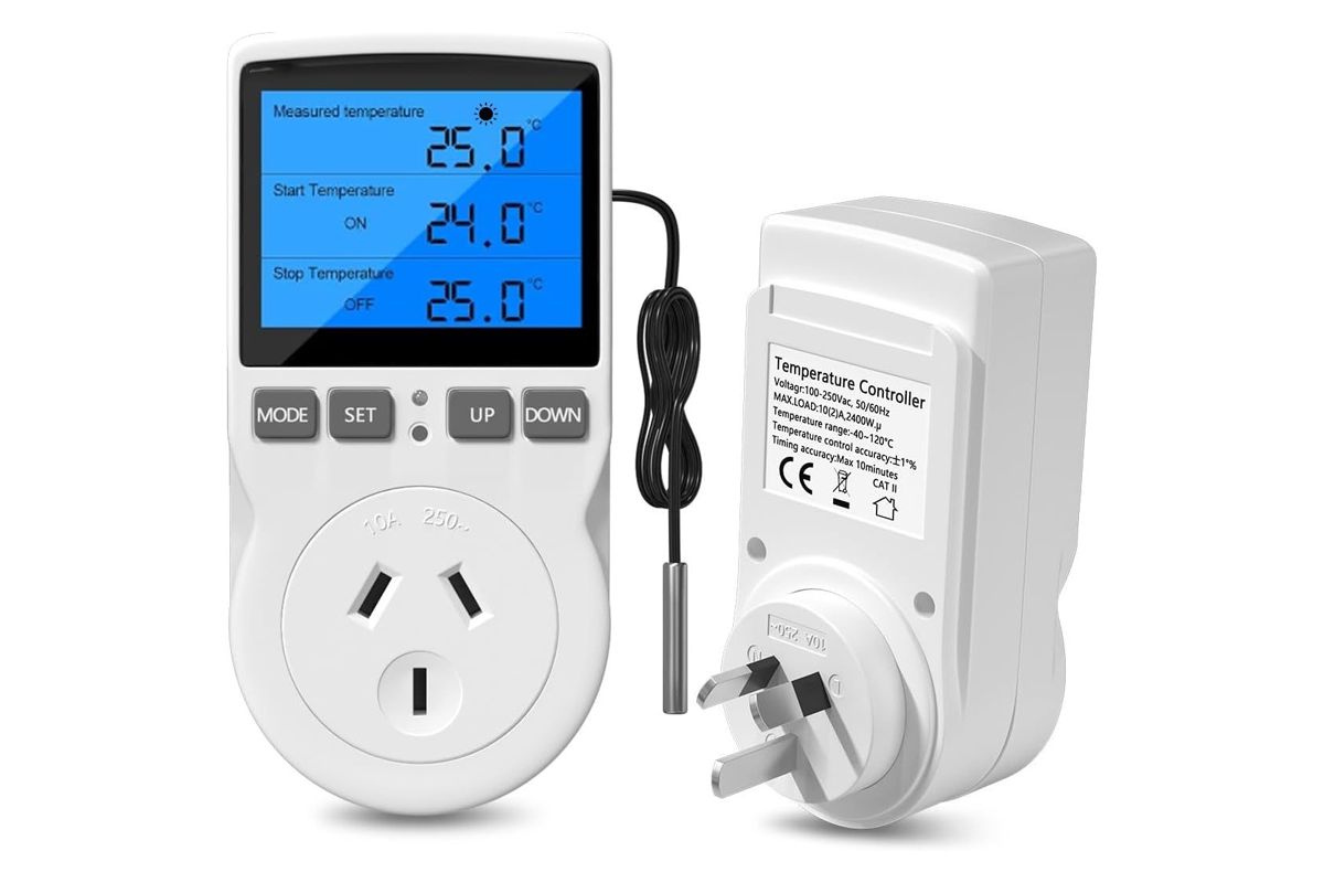 Side angle of digital temperature controller timer showing plug-in design