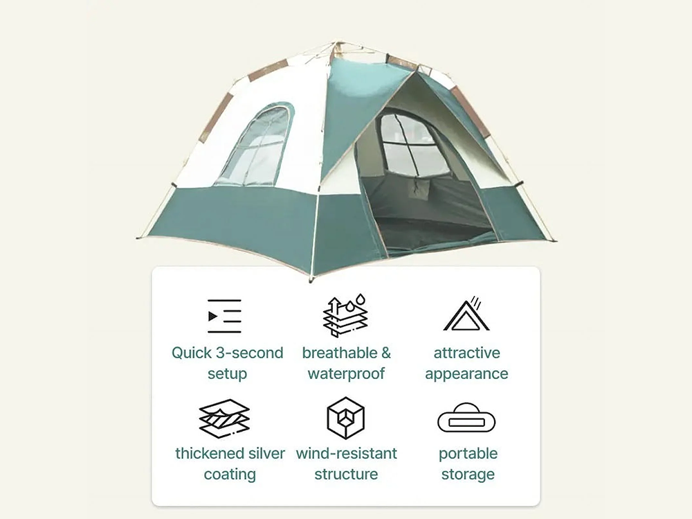 Camping tent 3-5 person with wind ropes and ground pegs attached