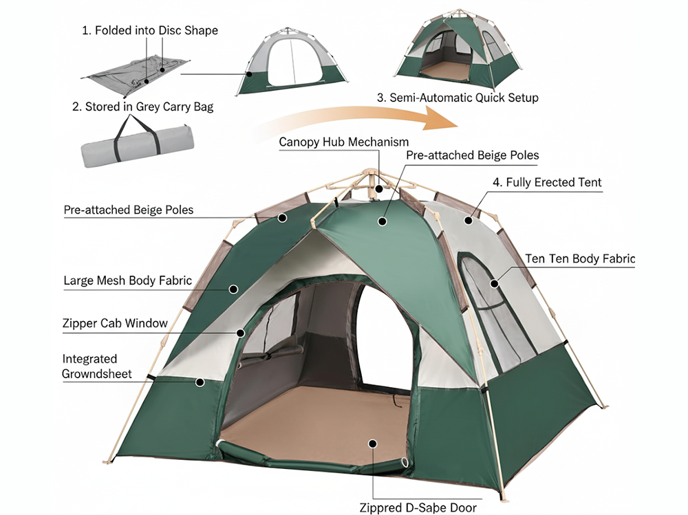 Camping tent 3-5 person with wind ropes and ground pegs attached
