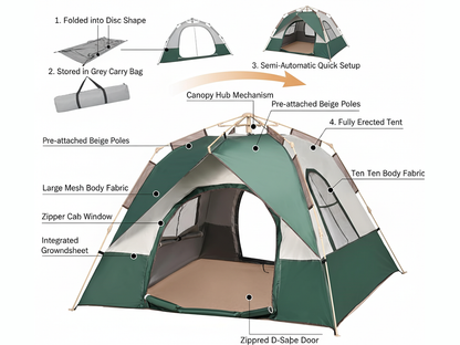 Camping tent 3-5 person with wind ropes and ground pegs attached