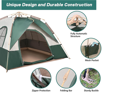 Camping tent 3-5 person showing quick pop-up hydraulic system