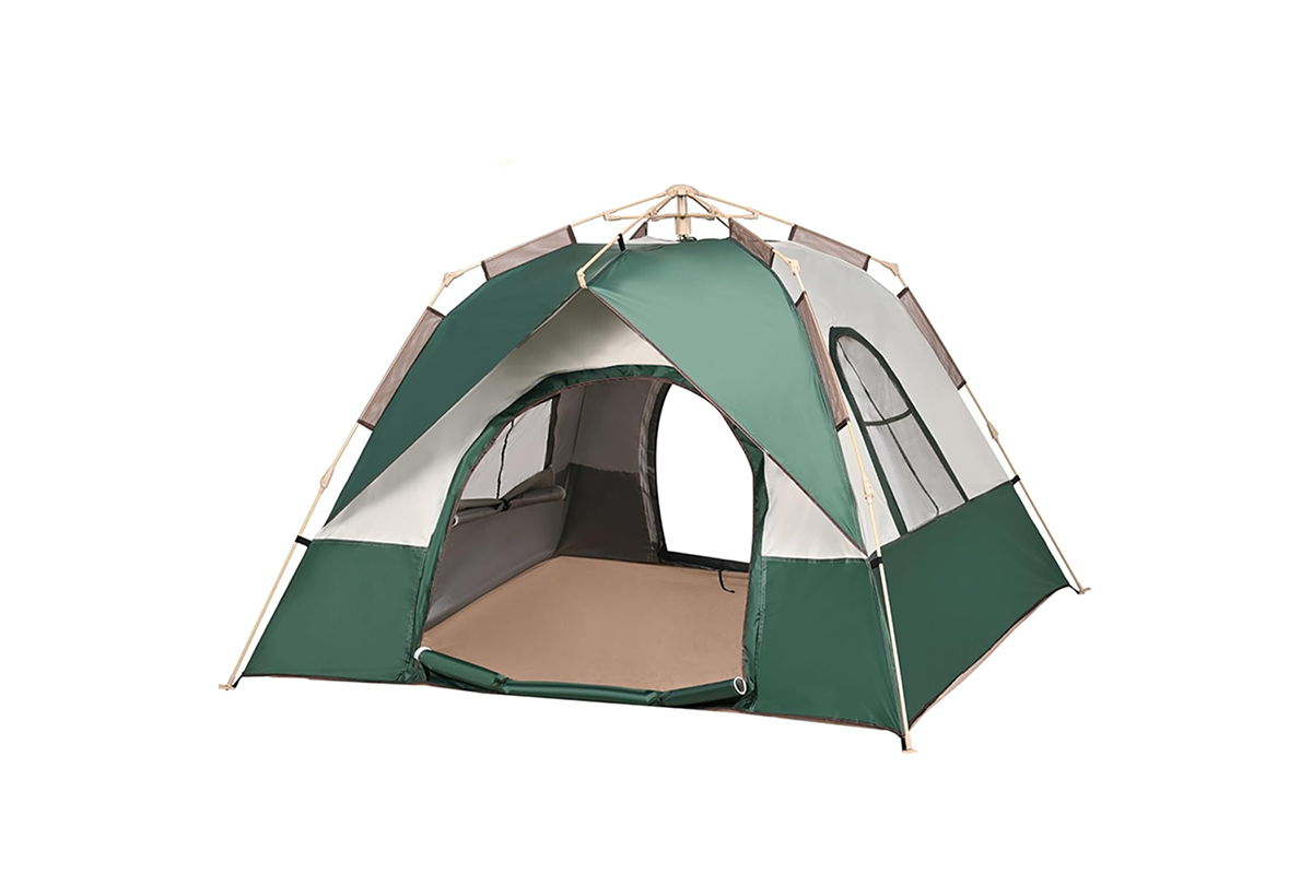 Side angle of camping tent 3-5 person with mesh windows open