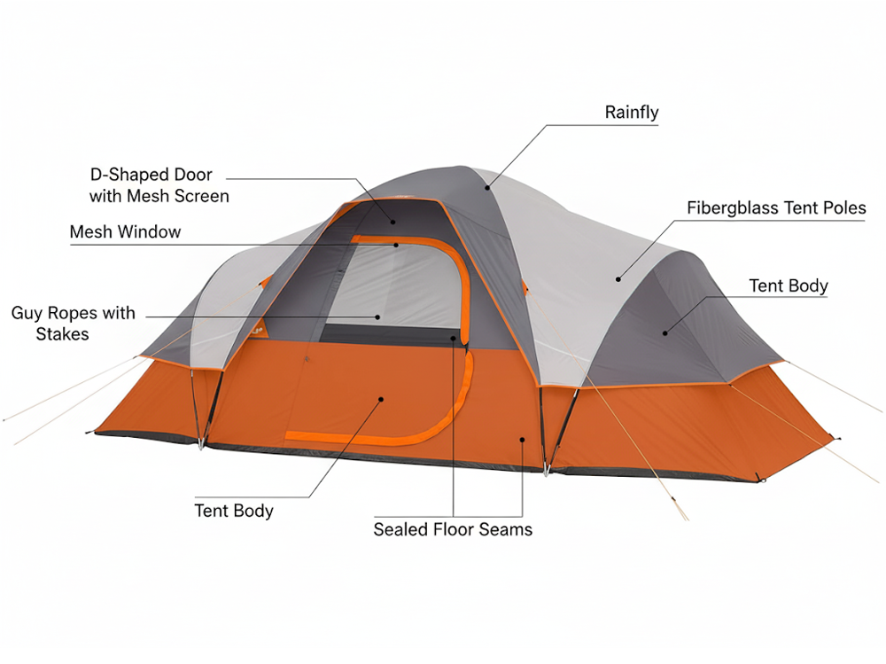 Top view of camping tent family tent showing tunnel shape