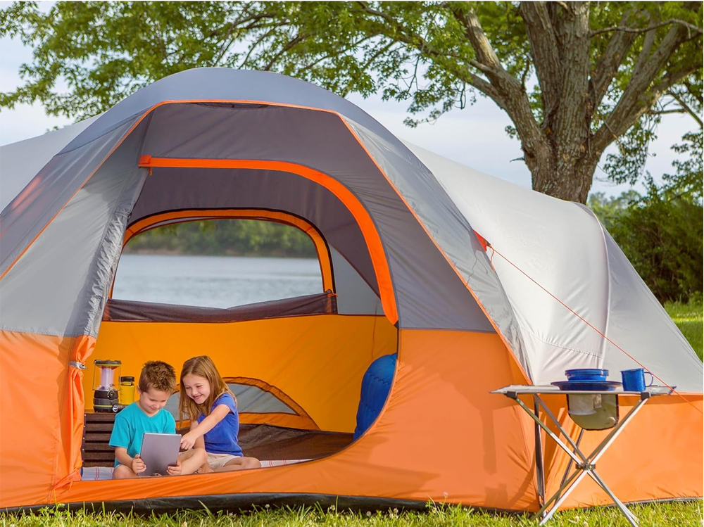 Detail of waterproof polyester material on camping tent family tent