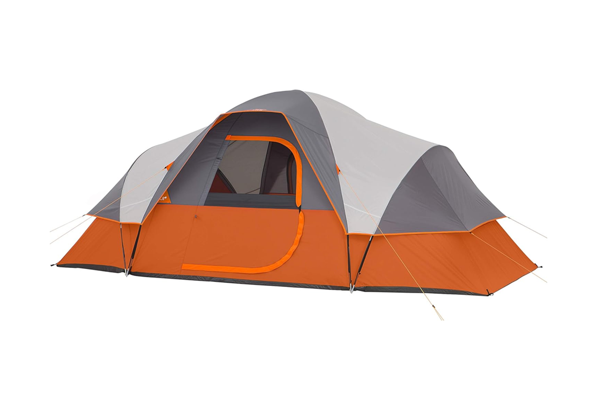 Side angle of camping tent family tent highlighting double layer design