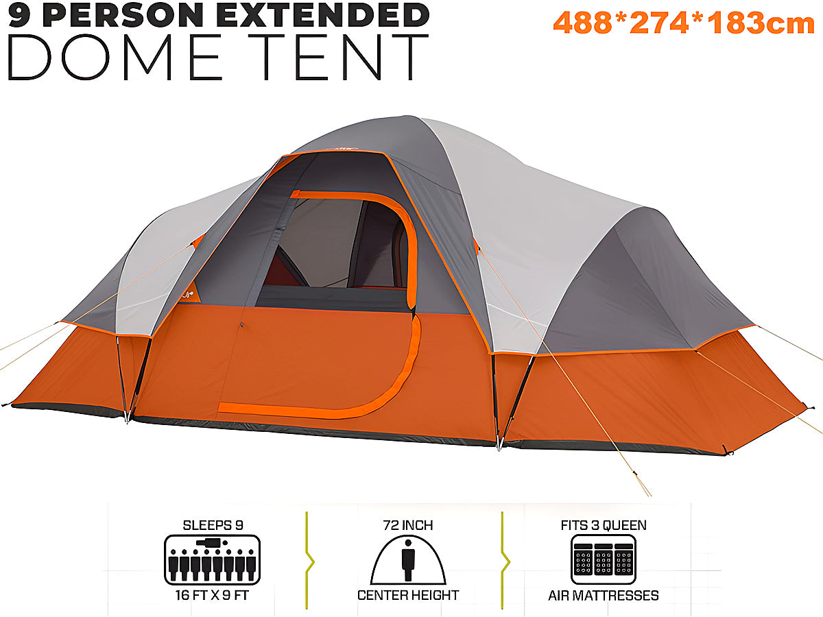 Interior view of camping tent family tent showing spacious 9-person layout