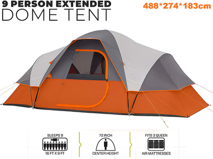 Interior view of camping tent family tent showing spacious 9-person layout