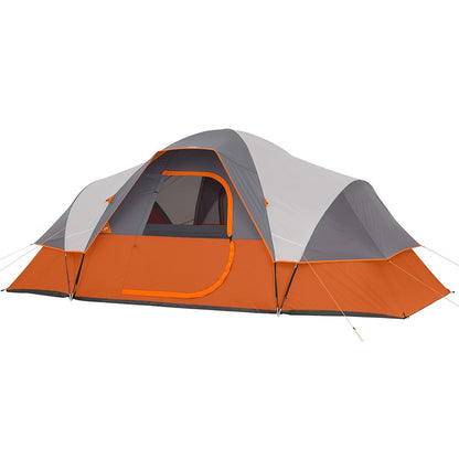 Camping tent family tent front view showing orange colour and door