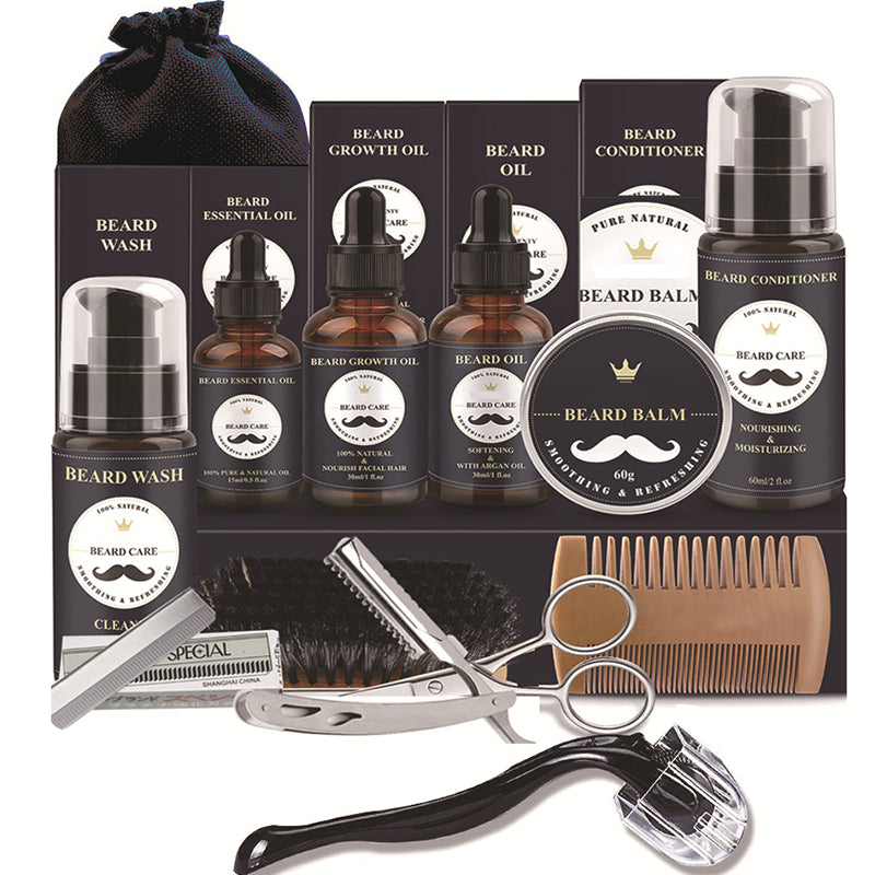 Beard grooming kit with natural oils and balm in premium box