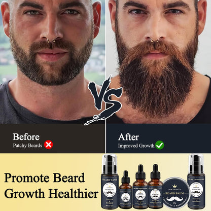 Beard grooming kit oils and conditioner bottles on white background