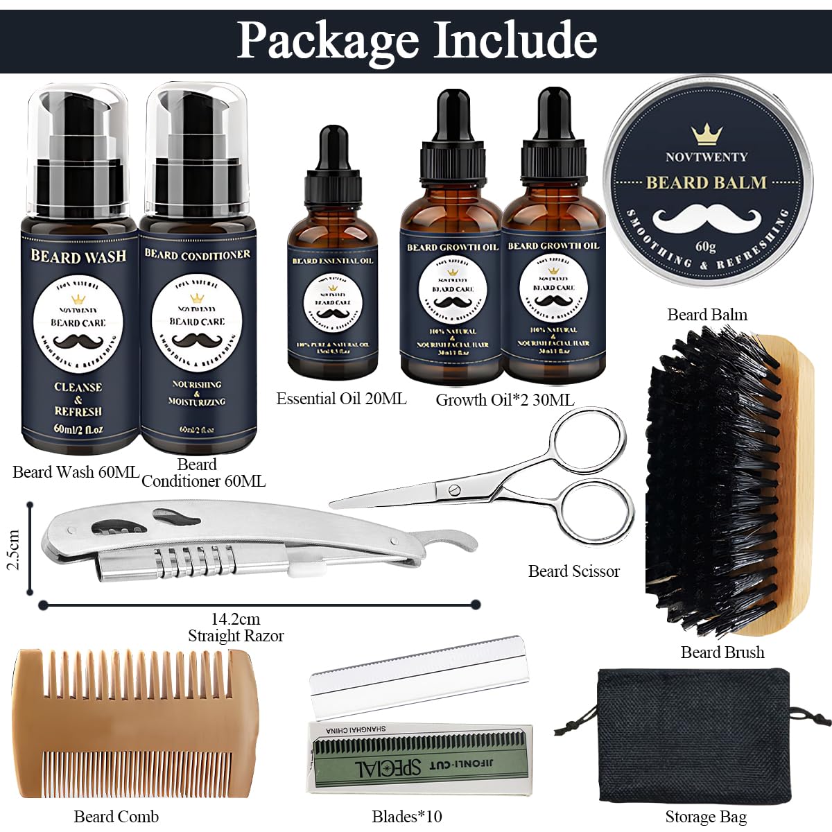Beard grooming kit with 10 replacement razor blades