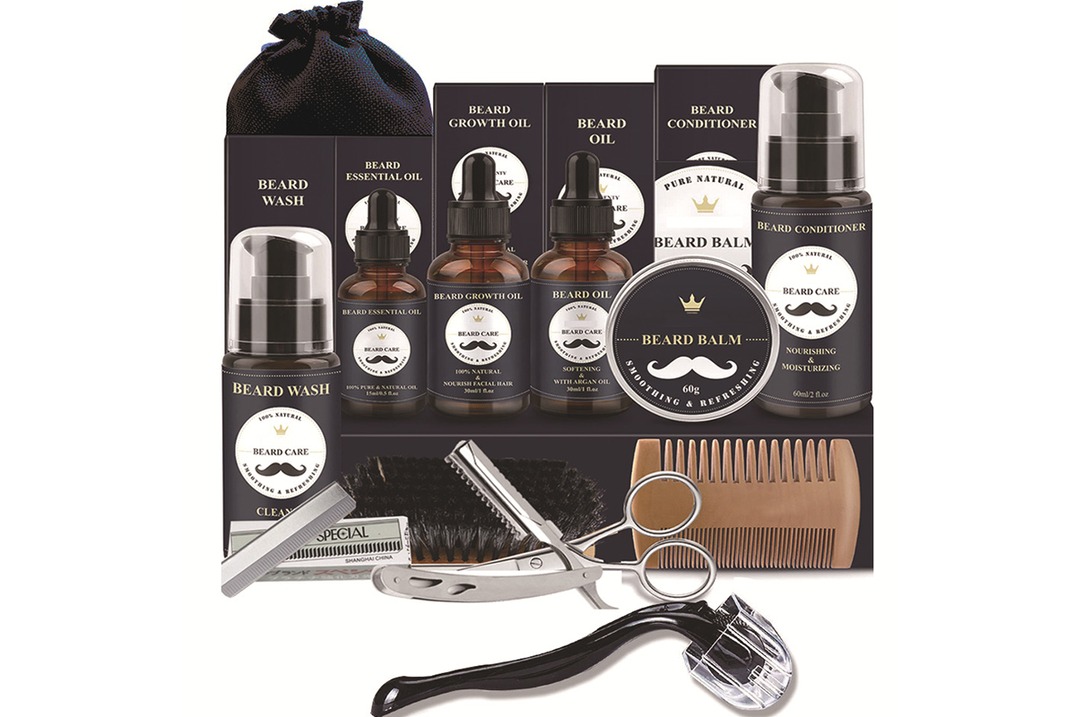 Close up of stainless steel razor from beard grooming kit